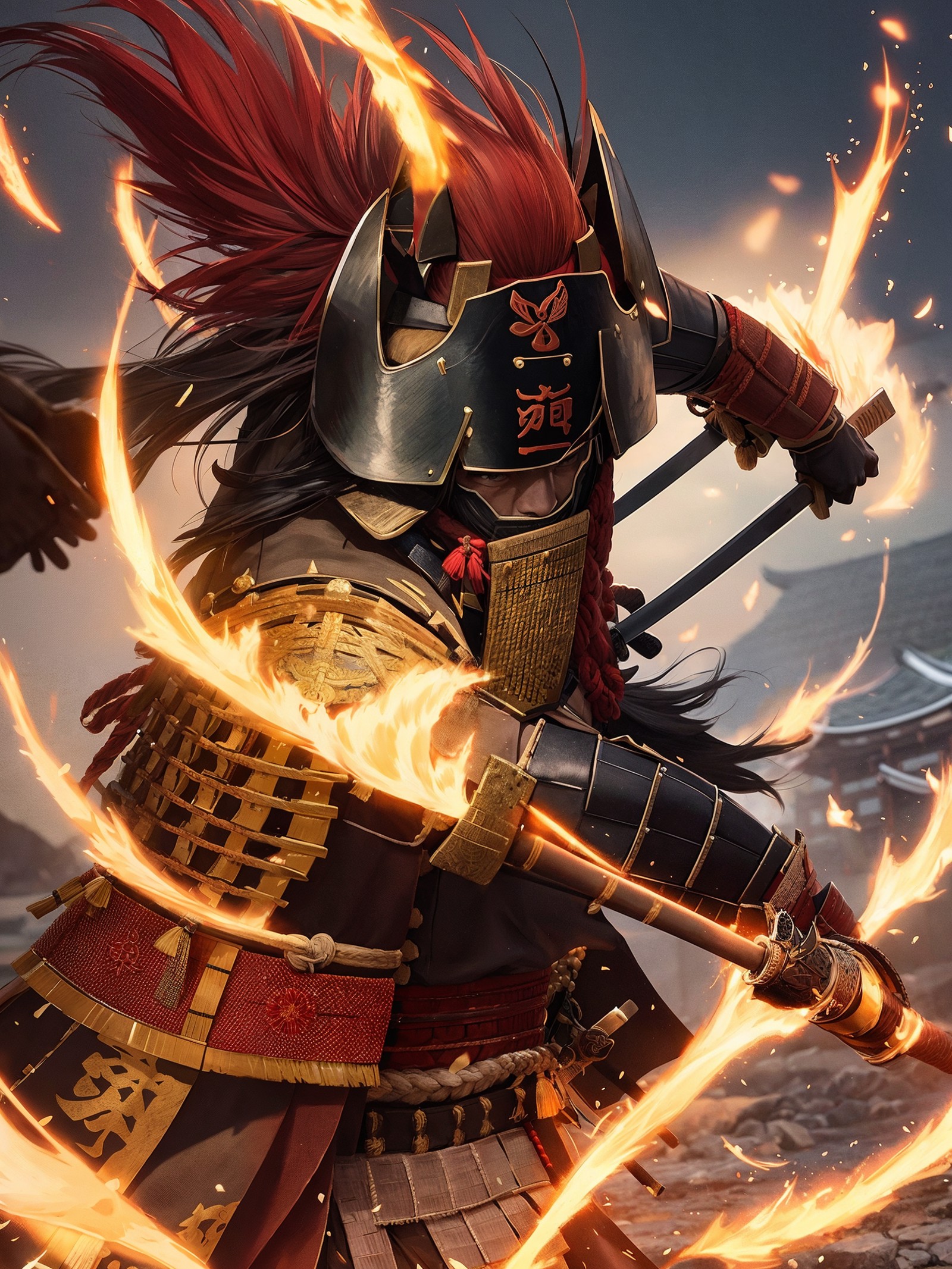 Visualize a powerful samurai in the midst of an important historical moment, displaying their skill and bravery as they ma...